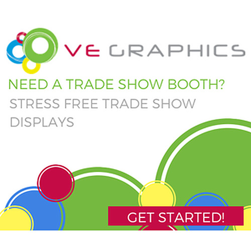 Promotional trade-show graphic with colourful overlapping circles, headline NEED A TRADE SHOW BOOTH? and a red GET STARTED! button
