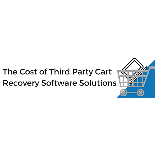 Text 'The Cost of Third Party Cart Recovery Software Solutions' next to a shopping cart icon on a blue triangle.