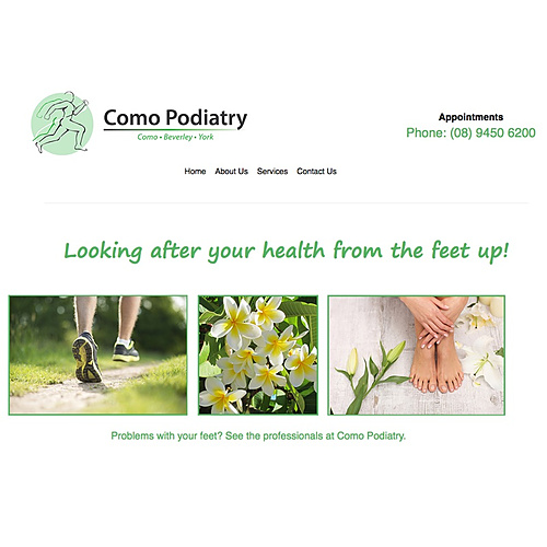 Header for Como Podiatry with logo, phone, a feet-up health slogan, and three photos of feet and plumeria flowers.
