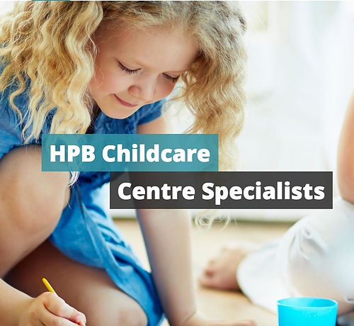 Young curly-haired girl drawing on the floor with a text overlay reading HPB Childcare Centre Specialists.