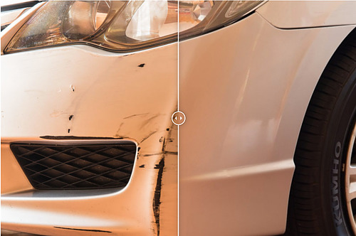 White car front-right bumper showing black scuff scratches on the left and a smooth repaired panel on the right, split by a vertical slider.