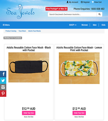 Sea Jewels product page showing two adults' reusable cotton face masks: black with pocket (left) and lemon-print with pocket (right), priced $12.95 AUD.