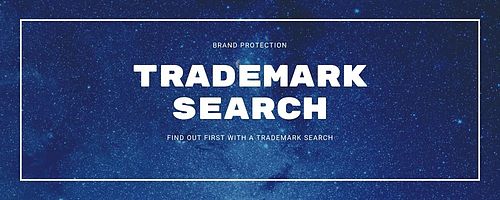 Large white "TRADEMARK SEARCH" text centered on a starry blue background, framed by a thin white rectangle with small "Brand Protection" above and a tagline below.