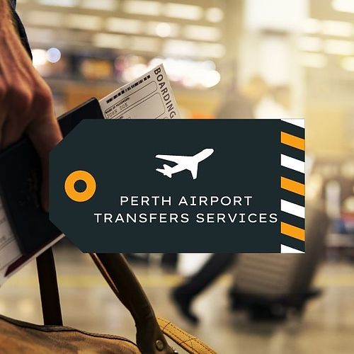 Suitcase handle with a dark tag reading Perth Airport Transfers Services and airplane icon, blurred airport and boarding pass.