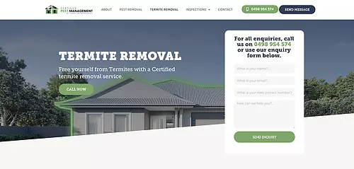 Web banner for termite removal showing a house roof, big 'TERMITE REMOVAL' headline, green call-to-action and enquiry form.