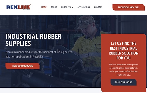 Rexline Rubber website header with worker in hi‑vis, Industrial Rubber Supplies headline and product call-to-action.