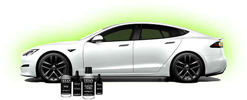 White electric sedan side profile with black wheels against a green halo, car-care bottles and cans arranged at its front.