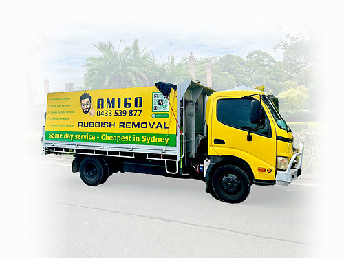 Yellow Amigo rubbish removal truck with large green-and-yellow sign and contact number advertising same-day service in Sydney.