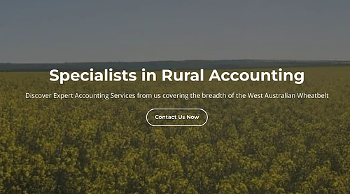 Yellow crop field with overlaid headline Specialists in Rural Accounting and a contact button for the WA Wheatbelt.
