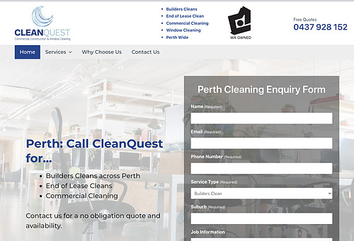 CleanQuest website homepage showing a Perth Cleaning Enquiry Form on the right, service list on the left and phone number at top.