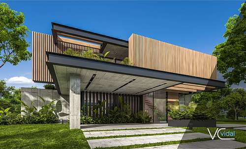 Contemporary two-storey house with wood-slatted upper facade, cantilevered flat roof, glass walls and landscaped lawn.