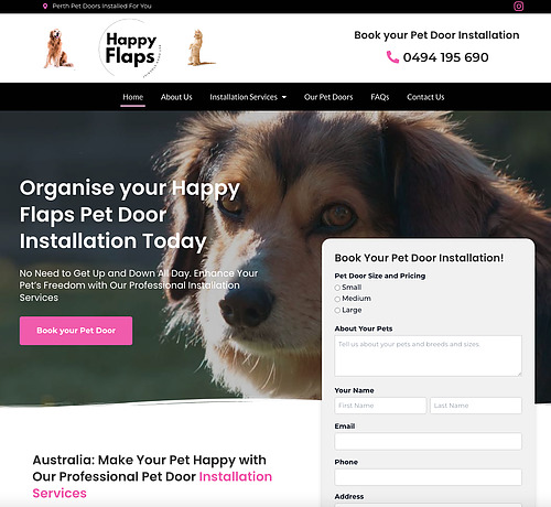Close-up brown-and-white dog in a website hero for Happy Flaps pet door installation with booking form and pink CTA.
