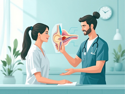 Doctor explains cross-section model of the human ear to a woman at a clinic desk, stethoscope around his neck.