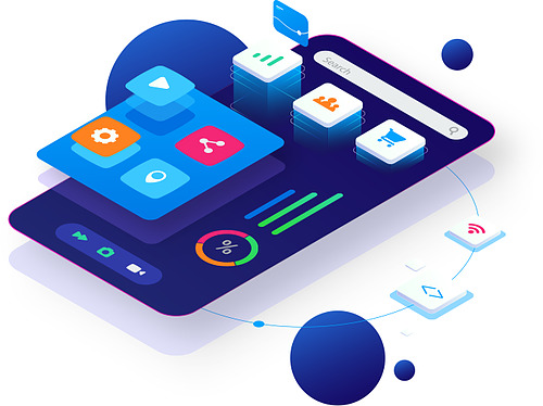 Isometric mobile app interface in blue and purple tones with floating app icons, search bar, charts and circular data widgets.