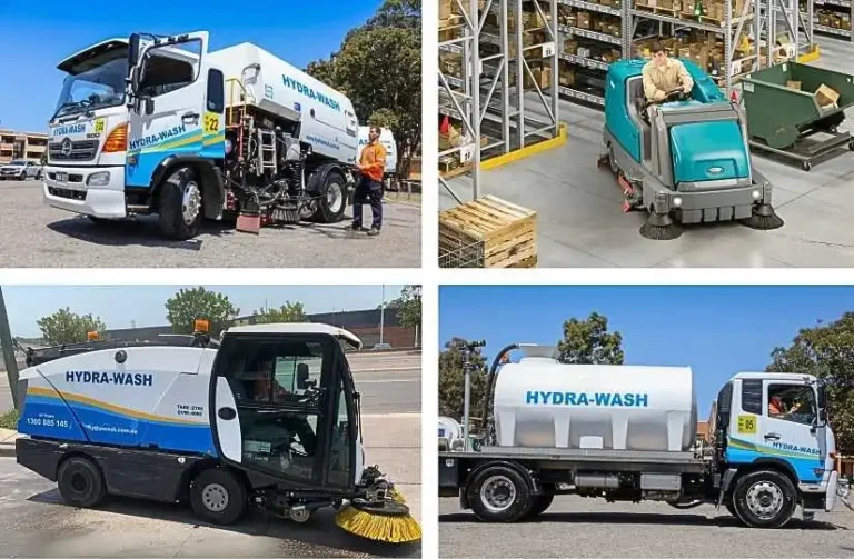 Four-panel collage of HYDRA-WASH cleaning vehicles: street sweepers, a warehouse ride-on scrubber and water tanker truck.