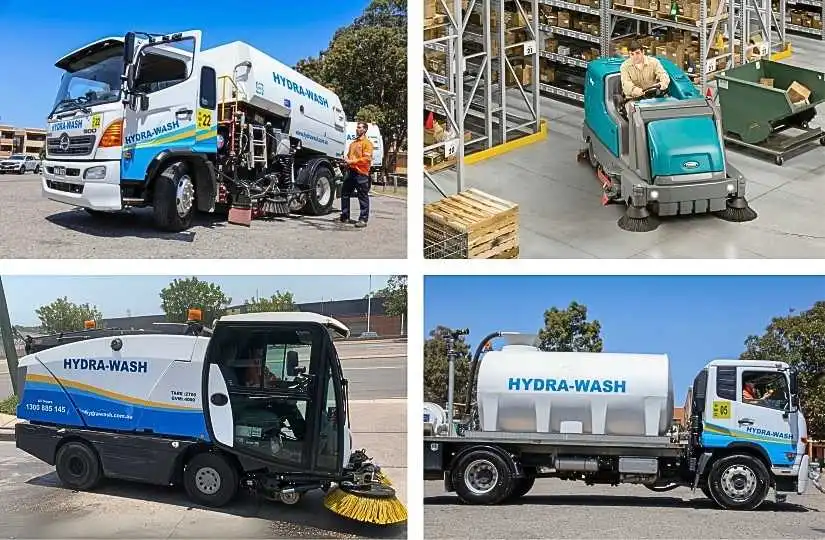 Four-panel collage of HYDRA-WASH cleaning vehicles: street sweepers, a warehouse ride-on scrubber and water tanker truck.