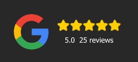 Google logo beside a five-star rating showing 5.0 and 25 reviews on a dark background.