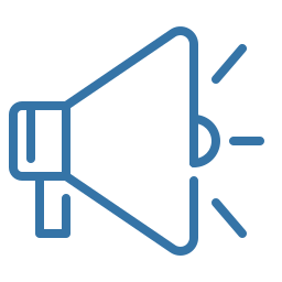 Blue outlined megaphone icon with three short sound lines to the right