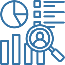Dashboard-style icon showing a pie chart, bar chart, checklist, and a magnifying glass highlighting a user profile.