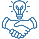 Hands shaking under a lightbulb, blue line-art icon symbolising partnership and ideas.