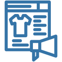 Webpage layout icon showing a t-shirt listing with a megaphone indicating product promotion.
