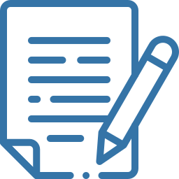 Blue outlined document with horizontal text lines and a pencil poised for writing, symbolising editing a document.