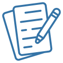 Two overlapping blue-outlined document sheets with a pencil drawing horizontal lines on the top sheet