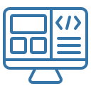 Computer monitor showing a webpage layout with a code symbol, image and text blocks.