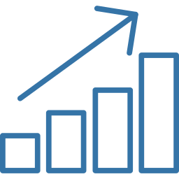 Blue rising bar chart with four bars increasing left to right and an upward-right arrow above them.