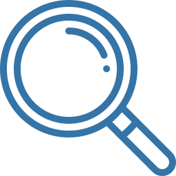 Blue outlined magnifying glass icon with circular lens and short handle, symbolising search or zoom.