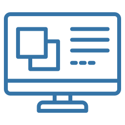Blue outlined computer monitor icon showing two overlapping windows and three horizontal text lines with three dots.