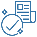 Blue outline icon of a document with a circular checkmark in front, with small sparkles, indicating approval.