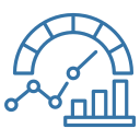 Speedometer-style gauge with needle above a connected-dot line chart and three vertical bars in blue outline.