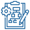 Blue outline icon of a clipboard displaying a flowchart, with a gear cog on the left and a pencil on the right.