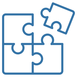 Blue outlined icon of four interlocking jigsaw puzzle pieces with the top-right piece detached above a gap.