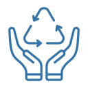 Blue outline of cupped hands supporting a recycling triangle made of three arrows