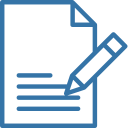 Blue document with a folded top-right corner and a pencil poised over three horizontal lines