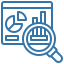 Blue line-art icon of a report showing a pie chart and bar chart with a magnifying glass overlaid