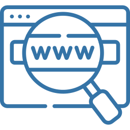 Blue line-art browser window with a magnifying glass over "www", representing a web search or website lookup.
