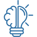 Stylised blue icon combining a brain (left) and a light bulb (right) with short light rays