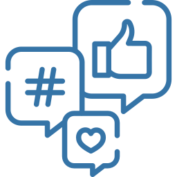 Blue outline of three chat bubbles containing a hashtag, a thumbs-up and a heart icon