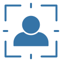 Blue person silhouette centred inside a rectangular focus/scan frame, app-style icon