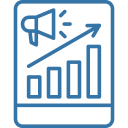 Megaphone next to an upward-trending bar chart with arrow, symbolising marketing or sales growth.