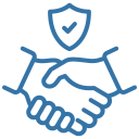 Two stylised hands shaking beneath a shield with a checkmark, symbolising secure partnership and trust.