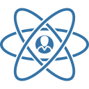 Stylised blue atom with three elliptical orbits and a central circle containing a person silhouette