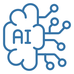 Stylised blue line-art brain with AI letters inside and circuit-like lines extending to the right.