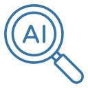 Magnifying glass icon with AI letters centred inside, blue outline and handle.