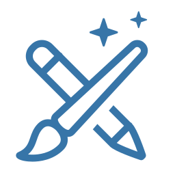 Blue line-art icon of a crossed paintbrush and pencil with two sparkles, symbolising creative design.