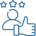 Person silhouette holding a smartphone with a thumbs-up and four stars above, representing positive customer feedback.