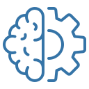 Stylised blue icon combining a brain's left half and a gear's right half, symbolising human intelligence and technology.
